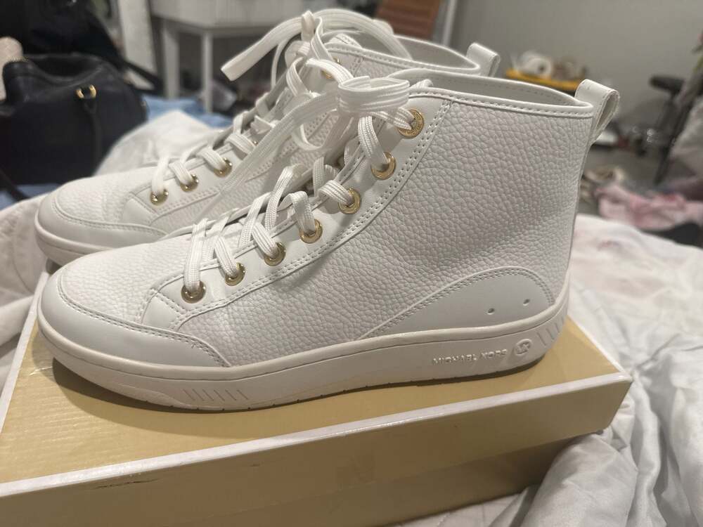 Michael Kors Shea Mid High Top Optic White Faux Leather Sneakers